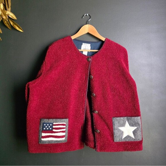 Vtg USA Flag Deep Red Thick Cardigan Sweater Button Women’s XL Hand Embroidered - Picture 1 of 13